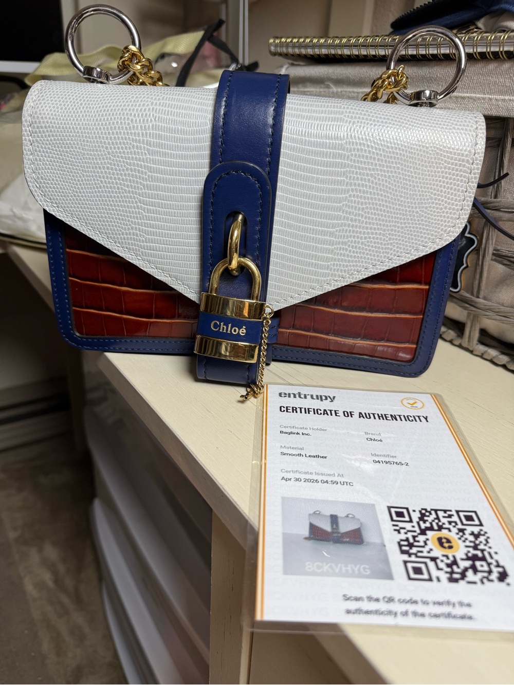 Chloé Aby Chain shoulder bag crocodile-embossed leather with pad lock.